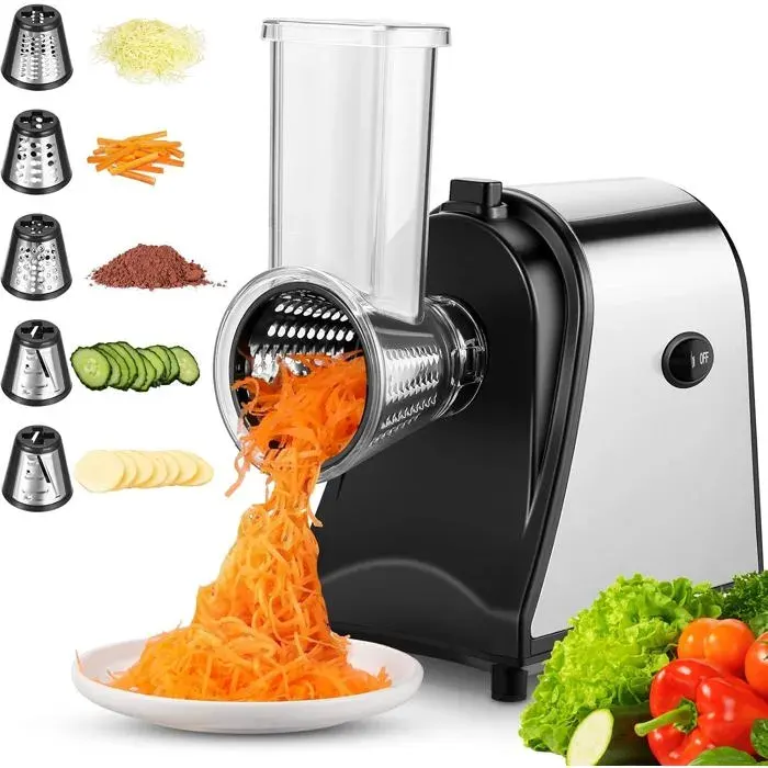 Meykey Coupe-Légumes Électrique Hachoir Multifonctionnel Râpe 250W Avec 5 Cônes En Acier Inoxydable