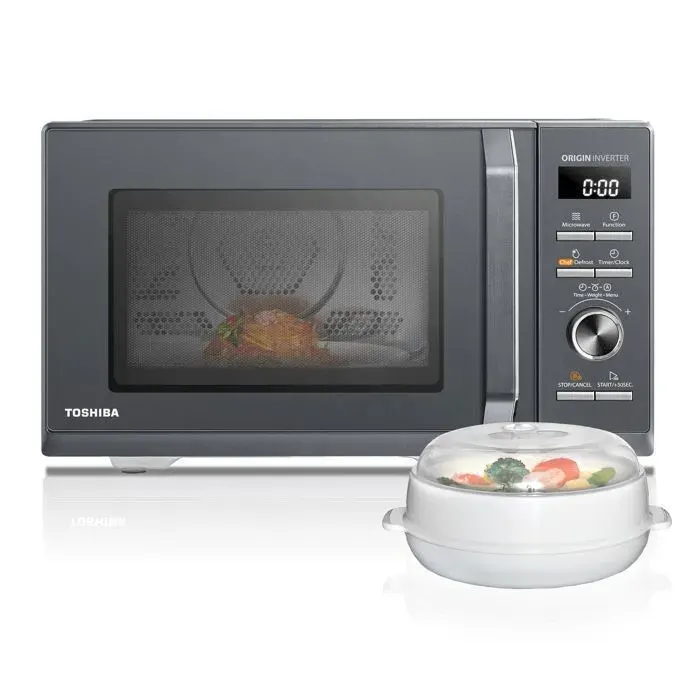 Micro-ondes combiné pose libre TOSHIBA - 900W+Grill 1000 W+Convection 2100W - Friteuse - Air Fry Combo 6-en-1 - 26L - Gris morandi