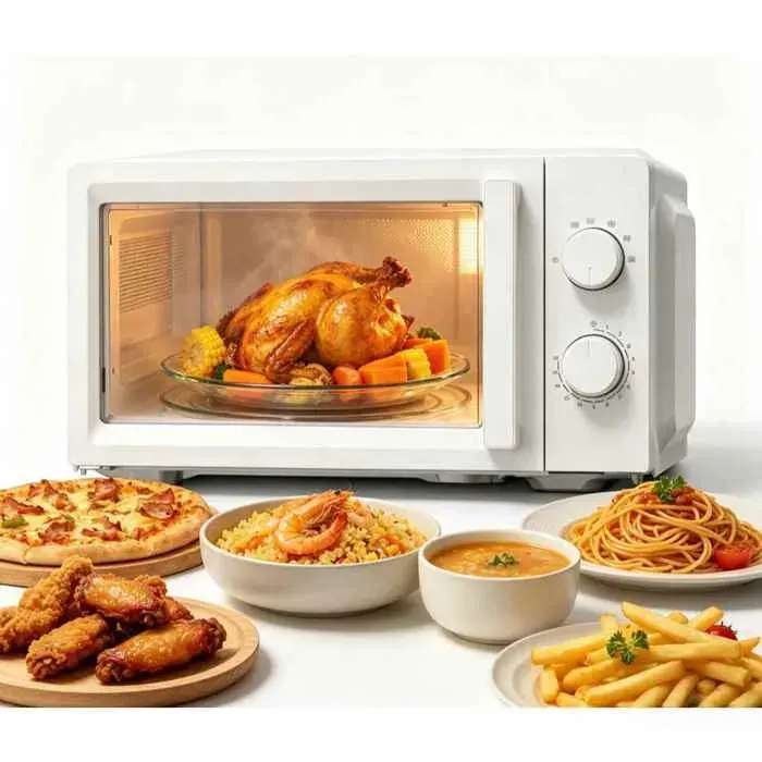 Micro-ondes mécanique blanc 20L 700W avec 6 paliers de puissance mode de décongélation douce format compact gain de place