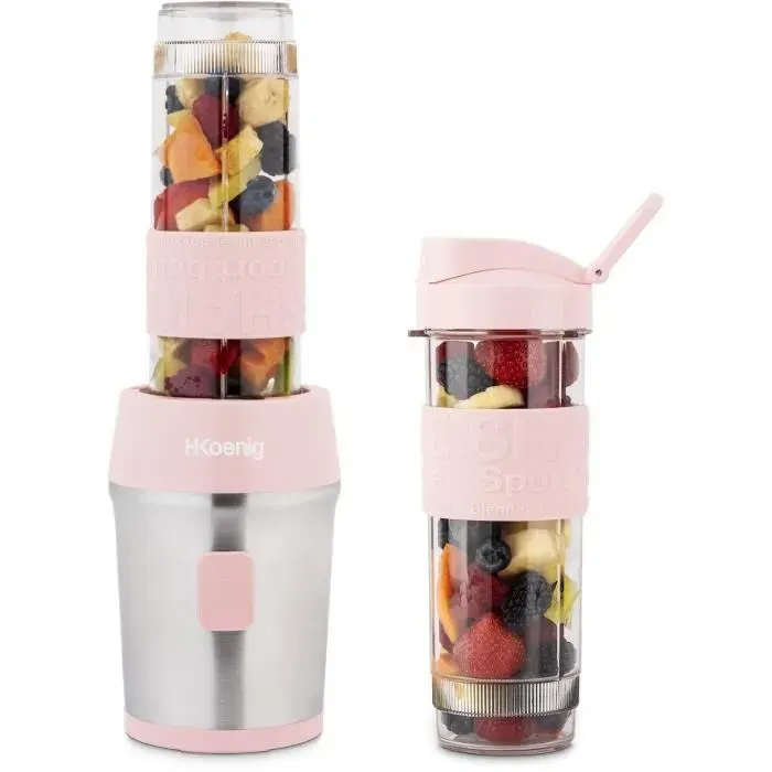 Mini blender - H.KOENIG - SMOO12 - 300 W - 570 mL - Rose pastel - 2 gourdes incluses - Sans BPA