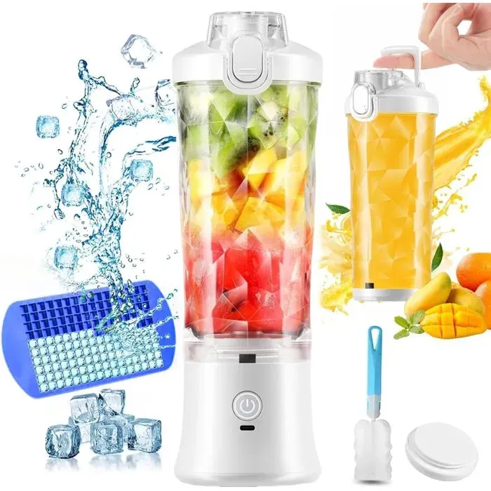 Mini blender portable blender puissant de 150 W pour milkshakes et smoothies format individuel 6 lames USB. Couleur : blanc.