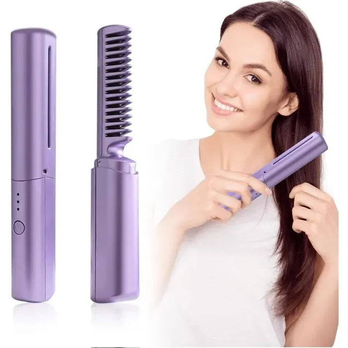 Mini brosse à lisser 2 en 1 - Portable - Sans fil - Avec 3 températures réglables - Brosse à lisser électrique - Pour voyage