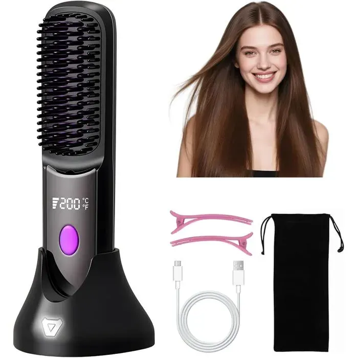 Mini brosse chauffante – lissage 320‑392°F – USB – anti‑brûlure – céramique rapide – sans fil – voyage maison