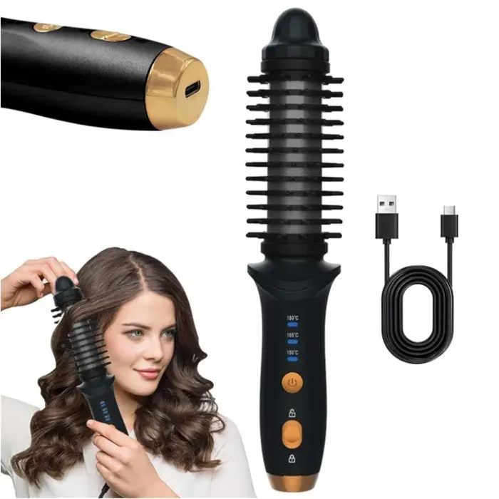 Mini brosse chauffante sans fil pour voyagepeigne ronde chauffantfer à friser thermique pour cheveux courtsrechargeablepetit