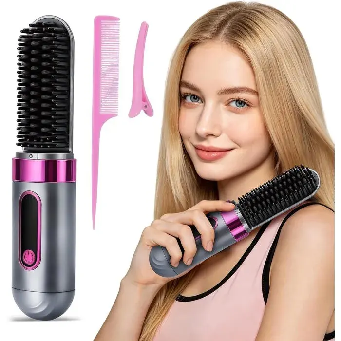 Mini Brosse Lissante Chauffante Sans Fil Rechargeable 4000mh - Écran LCD 4 Temp.160-220°C Anti-Frisottis Ionique - USB-C
