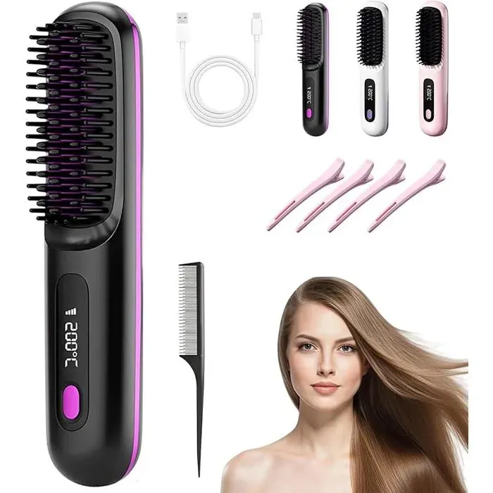 Mini Brosse Lissante Sans Fil Rechargeable 3 Températures avec Écran LED Anti-Brûlure Pour Tous Types de Cheve BROSSE SOUFFLANTE — coloris Noir