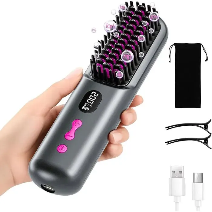 Mini Brosse Lissante Sans Fil Rechargeable 9600 mAh Longue Autonomie Ions Négatifs Pratique Voyage Gris gris BROSSE SOUFFLANTE