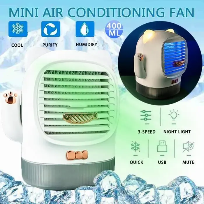 Mini climatiseur mobile - PLAIOIRE - Chat Chanceux - 5 en 1 (refroidissement purification UV) - 400 ml - USB rechargeable — coloris Blanche