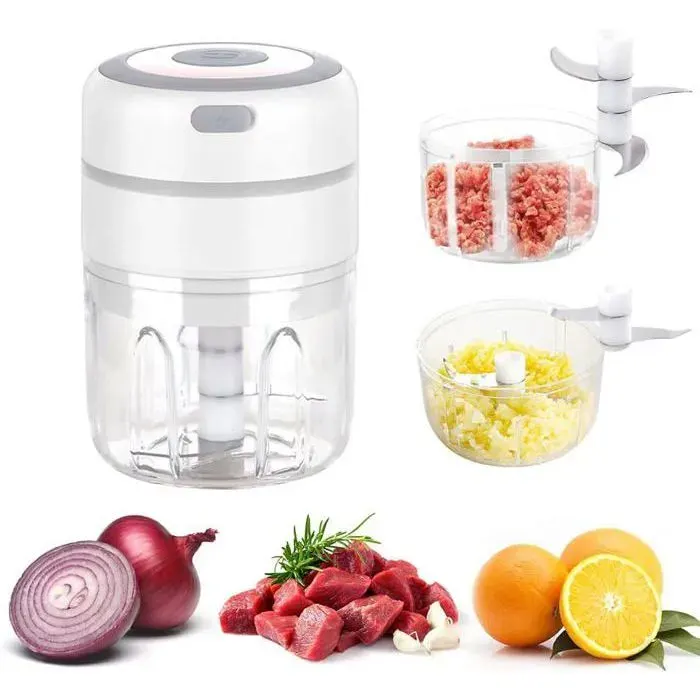 Mini électrique Hachoir à Oignons avec 2 Tasses Multi Mixeur Electrique de Cuisine Hachoir 250ML+100ML USB Rechargeable YYV