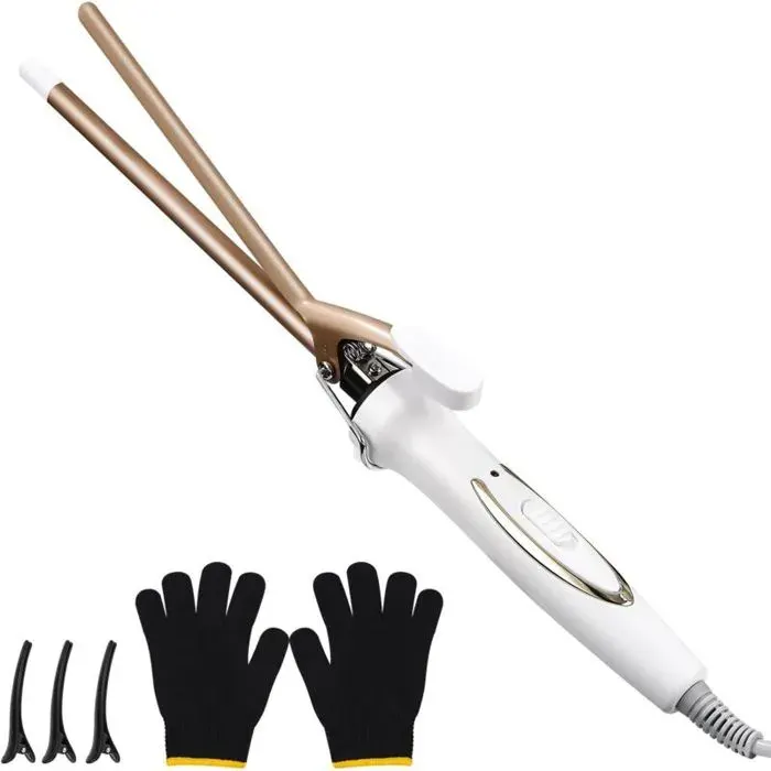 Mini Fer à Boucler 9 mm Céramique Tourmaline 120-220°C Chauffage Rapide 30s Gants et Épingles Inclus