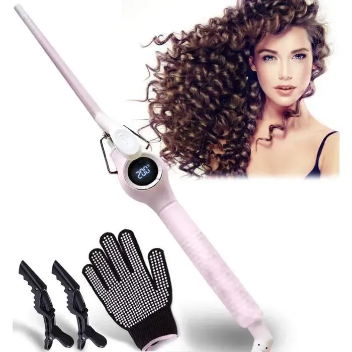 Mini Fer à Boucler 9mm Bigoudi Céramique avec LCD EcranTempérature Réglable 100 -230 avec Gant et Epingle de Cheveux nosku