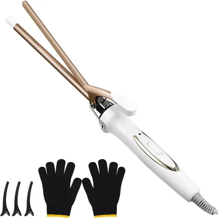 Mini Fer À Boucler 9Mm En Céramique Tourmaline 120-220°C Chauffage Rapide En 30 Secondes Inclus 1 Paire De Gants Et 3 Épingles À