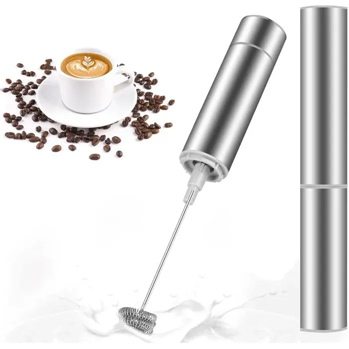 Mini Fouet en Acier Inoxydable Moteur Extra Fort et Alimenté par Batterie Mélangeur pour Café Crème Cappuccino Latte Cocktails Jus — coloris Argente