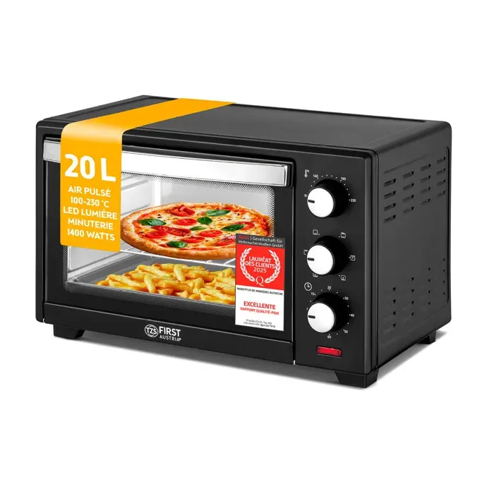 Mini four électrique 20L 1380W noir – Chaleur tournante thermostat 100-230°C minuterie 60 min