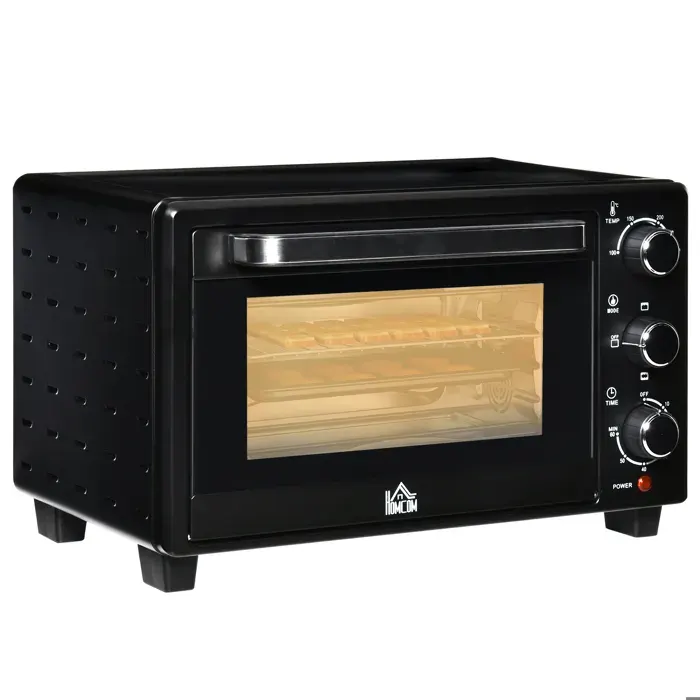 Mini four électrique 21 L 1400 W 3 modes 100 à 230 C minuterie 60 min acier inoxydable et verre noir argent