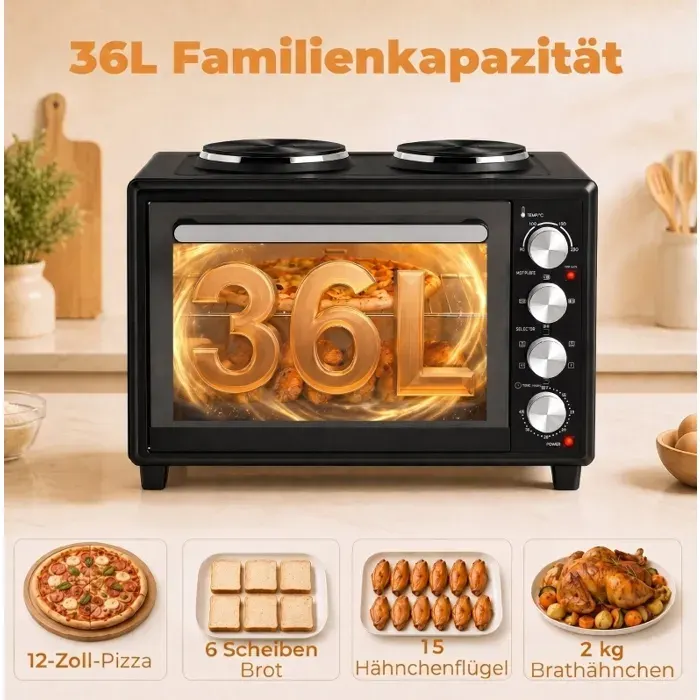 Mini-four électrique 36 L noir avec plaques de cuisson convection rôtissoire et minuterie 60 min