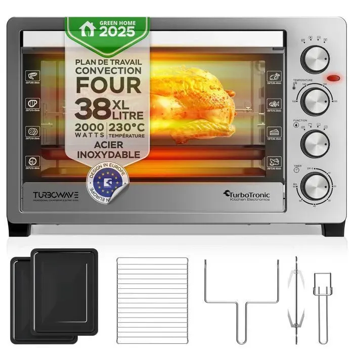 Mini-four électrique - TURBOTRONIC - EVS38 - Chaleur tournante - Rôtisserie - 38 L
