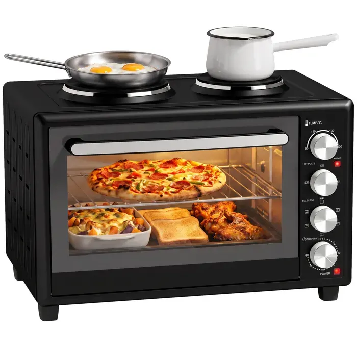 Mini-four - HOMCOM - 2 plaques de cuisson - 46 L - chaleur tournante température réglable 90-230 °C - acier - 581x40x395cm - noir