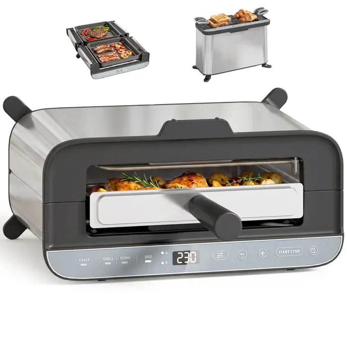 Mini-four - HOMCOM - 3 en 1 - 1700 W - grille-pain à fente longue gril de table 49 L - acier inoxydable - 37x18x251cm - argenté