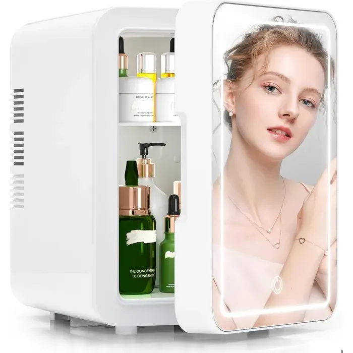 Mini Frigo de Chambre 4L Frigo Cosmetique avec Miroir LED pour Boissons Nourriture Beauté Bureau Dortoir Voiture Blanc