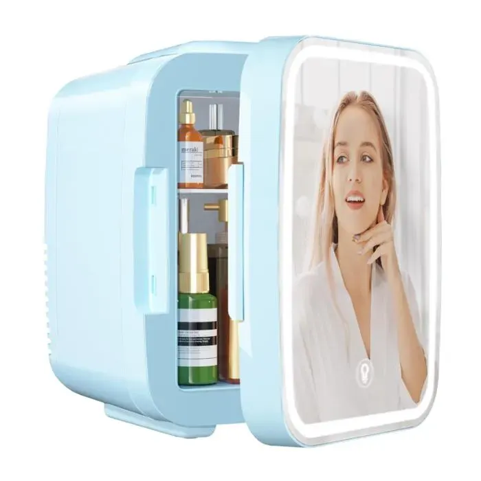 Mini Frigo pour Chambre Frigo Skincare avec Miroir LED Petit Frigo de 4L Portable Thermoelectrique Chauffe Refroidisseur(Bleu)