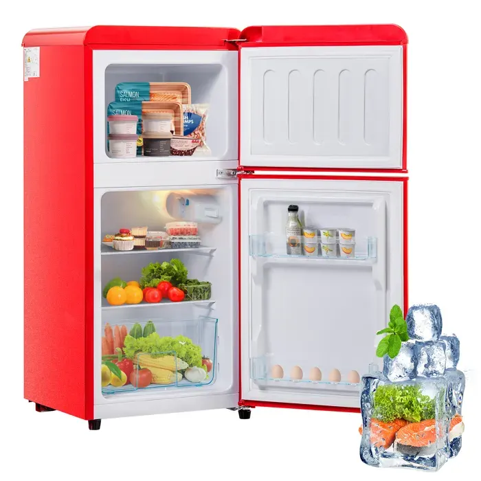 Mini frigo rétro rouge 2 portes 7 réglages LED bac légumes