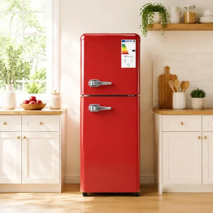 Mini frigo rétro rouge 2 portes LED silencieux 45dB modulable