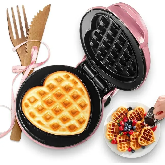 Mini Gaufrier En Forme De CœurPetit Appareil À Gaufres Antiadhésif 10Cm350W Chauffage RapideGaufrier Compact Et PortableRose
