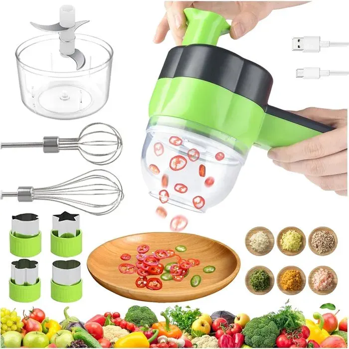 Mini hachoir électrique - EVERWOL - 4-en-1 Set Mini Tritatutto - Rechargeable USB - Portable - Lames en acier inoxydable
