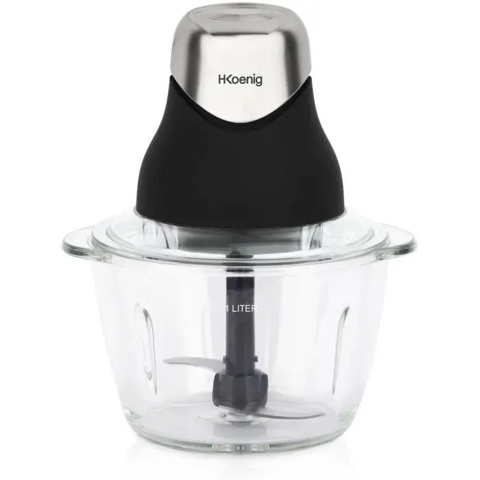 Mini hachoir électrique - H.Koenig - LEO8 - 320 W - Bol en verre 1 L - Lames en acier inoxydable - Noir mat et chrome