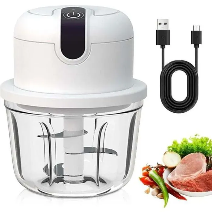 Mini hachoir électrique - PZCC - Mini hachoir électrique - 300 ml - Rechargeable USB - Bol en verre
