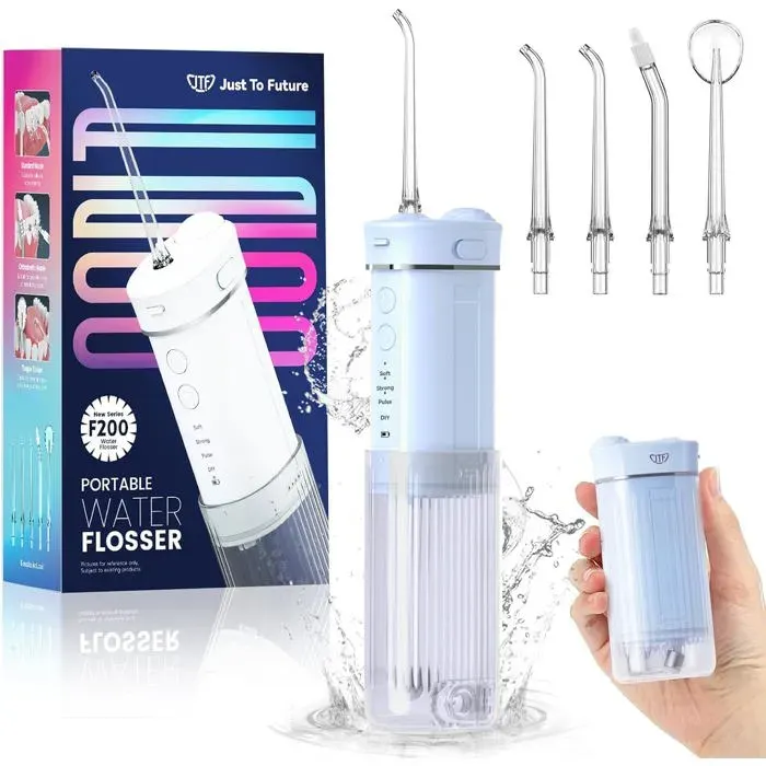 Mini hydropulseur portable JTF sans fil avec 5 embouts interchangeables 4 modes de jet capacité de 230 ml bleu