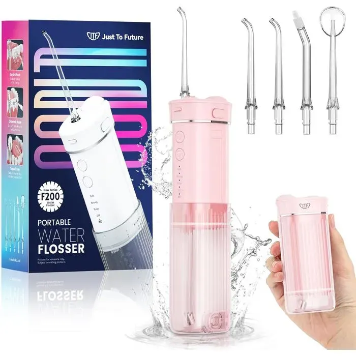 Mini hydropulseur portable JTF sans fil avec 5 embouts interchangeables 4 modes de jet capacité de 230 ml rose