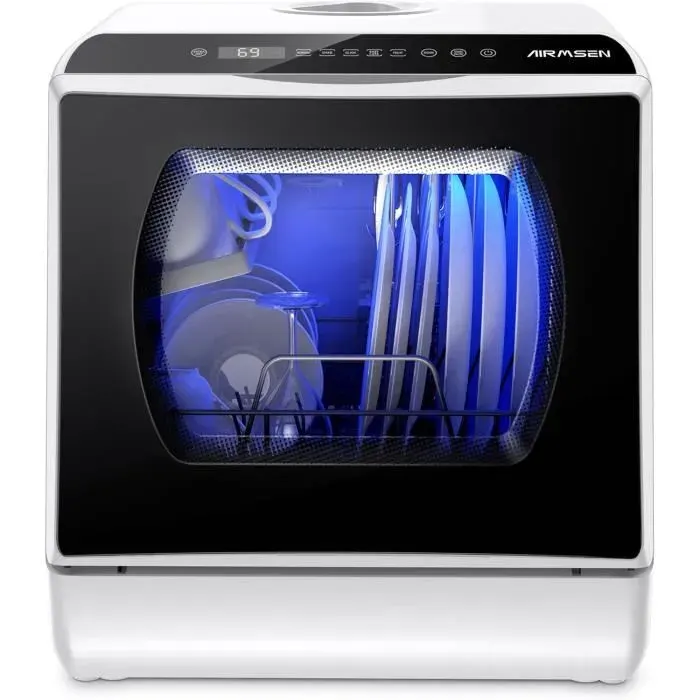 Mini Lave-Vaisselle - AIRMSEN - 5+1 Programmes - Blanc et Noir - Nettoyage à 360° - Écran LED