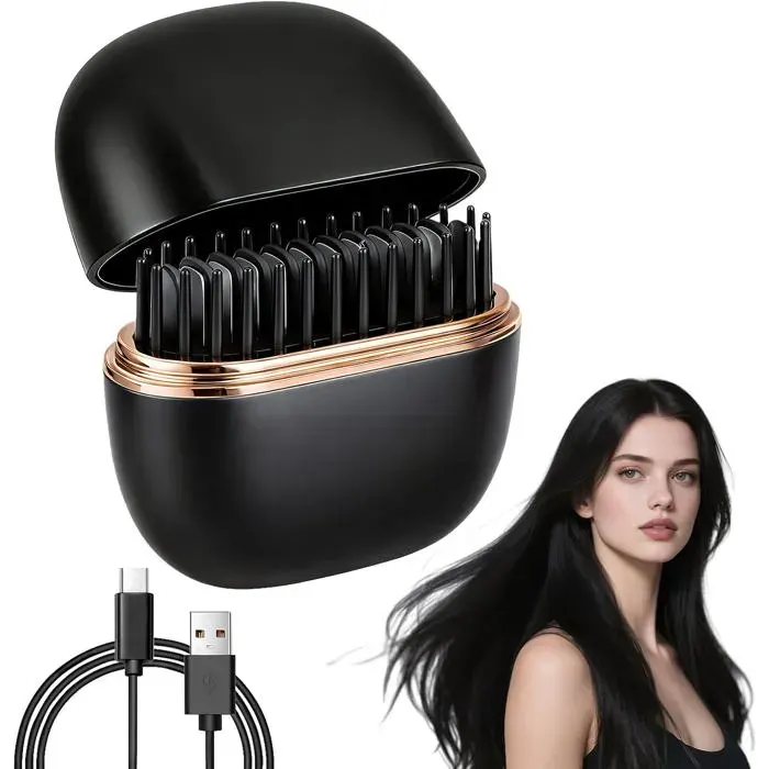 Mini lisseur - Brosse lissante 2-en-1 portable - Sans fil (batterie) - 3 températures 160/180/200°C - Chauffe 30s