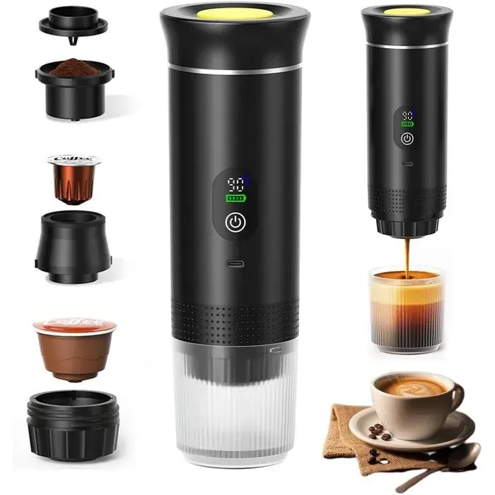 Mini Machine à Café Portable 3 en 1 20 Bars USB-C Auto-Chauffante Compatible Café Moulu et Capsules Camping Bureau Camping-Car