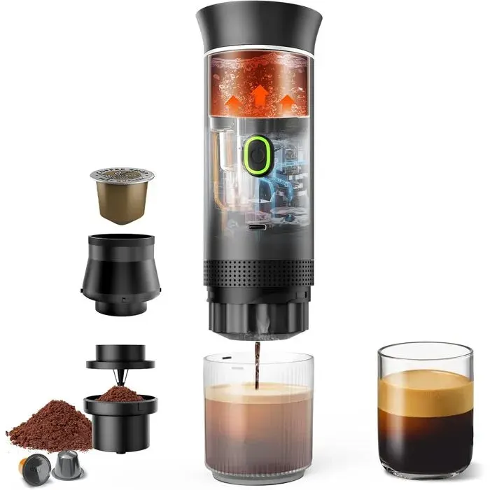 Mini Machine à Café Portable 3 en 1 Cafetière Portable Machine à Café Expresso Auto-Chauffante & USB-C Compatible Capsules