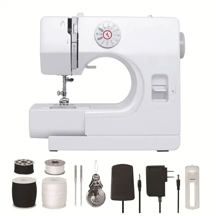 Mini machine à coudre 14 points - Table extensible - Kit outils tissu coton - Double fil & 2 vitesses - LED - Boutonnière 4 étapes