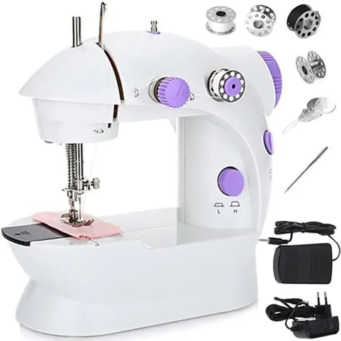 mini machine à coudre électrique 230 v avec 2 vitesses et pédale kit de couture automatique avec 2 bobines de fil 2 maillets vid
