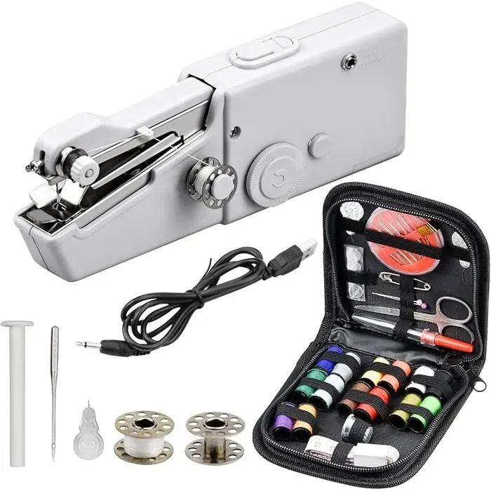 Mini Machine à Coudre Portable à Main Portative Electrique avec Kit de Couture pour Réparation de Vêtement DIY