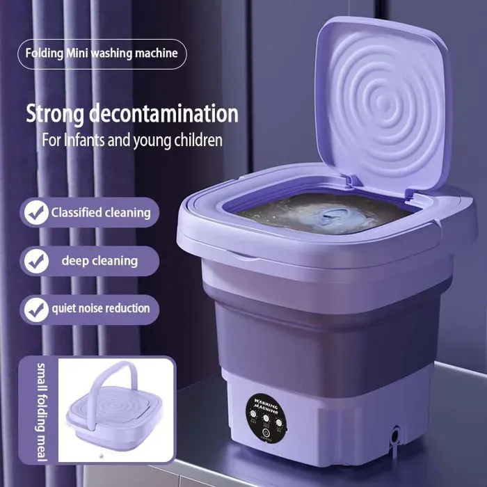 Mini machine à laver - 8 L - 10 W - Lave-linge et sèche-linge combinés - Pliable - Fonctionnement silencieux - Violet
