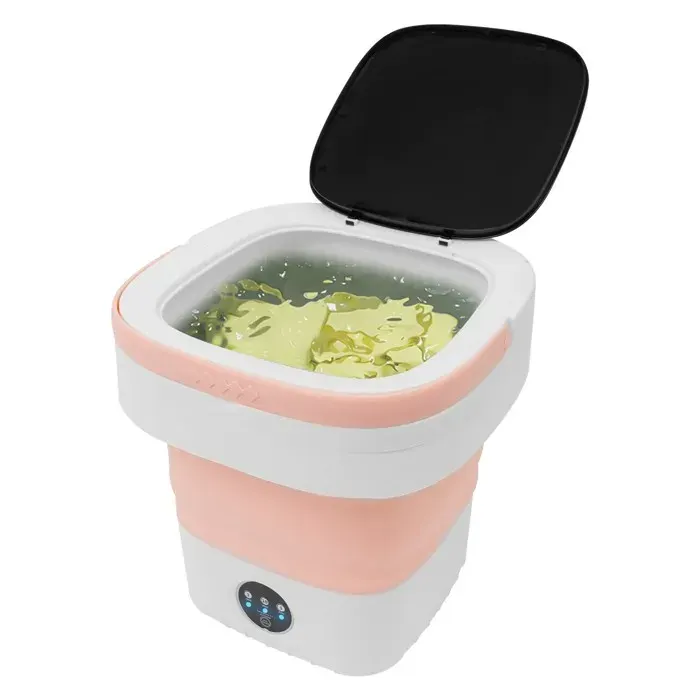 Mini machine à laver pliable 12 l avec tuyau de vidange et panier dégouttement pour sous-vêtements chaussettes (Rose)