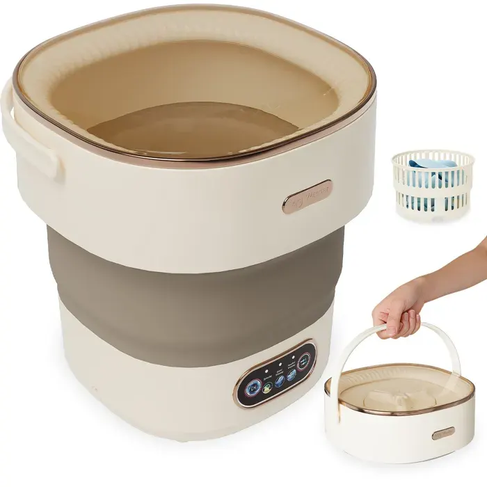 Mini machine à laver pliable 13 L – Avec essoreuse – 3 modes de lavage – Silencieuse – Drainage facile – Beige