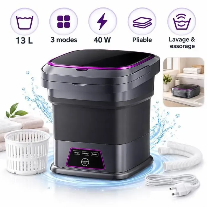 Mini Machine à Laver Pliable -13L - 40W - avec Essorage 3 Modes Lave-Linge Portable Compact pour Sous-Vêtements Bébé et Voyage