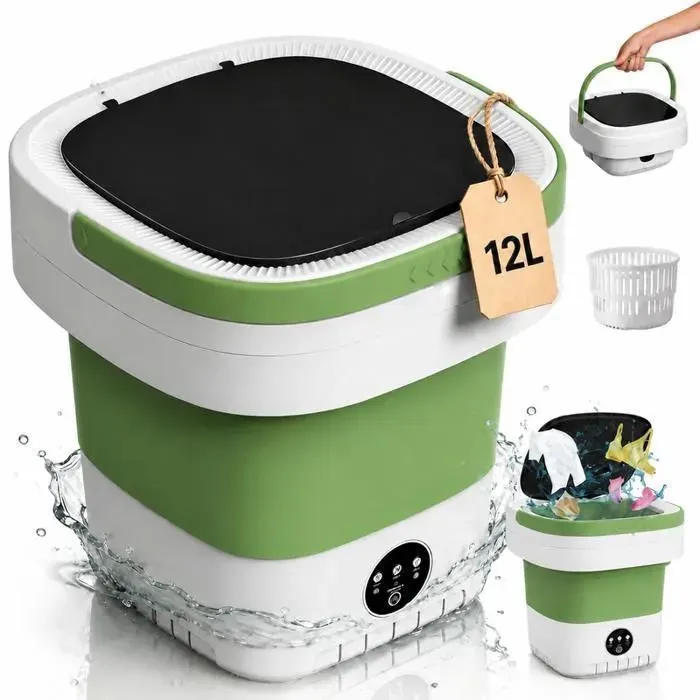 Mini Machine à Laver Portable 12L Pliable avec Panier Essoreur 3 Modes de Lavage Compacte pour Appartement Voyage Camping vert