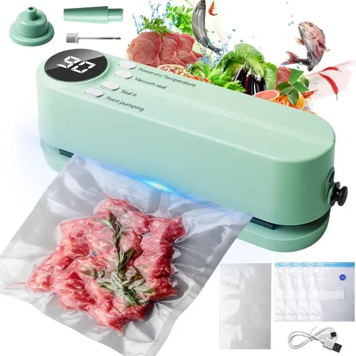 Mini machine sous vide rechargeable 3 vitesses avec 5 sacs pour conservation collations et aliments couleur Vert