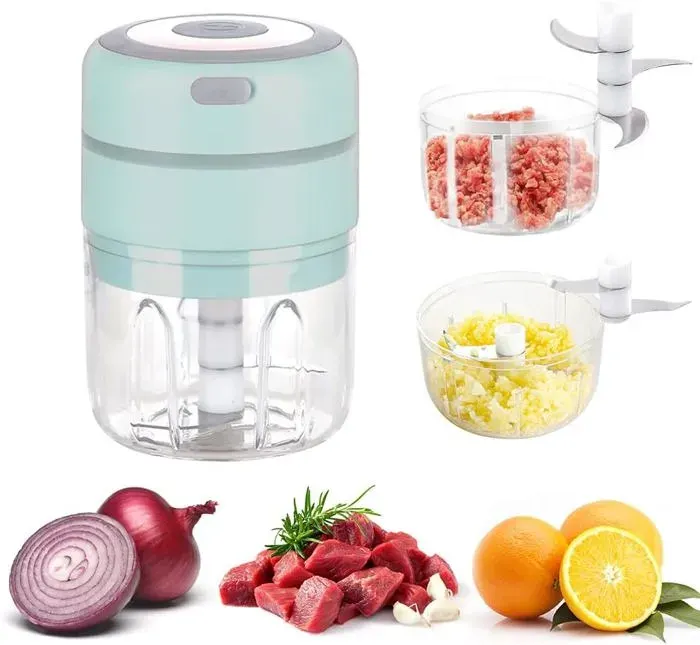 Mini Mixeur Electrique de Cuisine Hachoir électrique USB Rechargeable 250ml+100ml Double Tasse Mixeur Pesto pour AilOignon(Bleu)