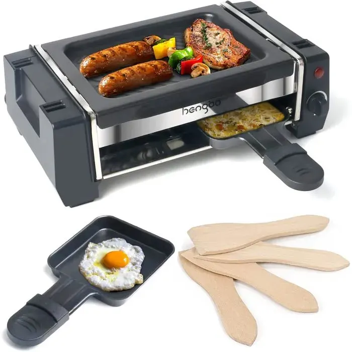 Mini Raclette Électrique 500W Pour 1-2 Personnes Gril De Table Antiadhésif Avec 2 Poêlons 4 Spatules Température Réglable — coloris Noire