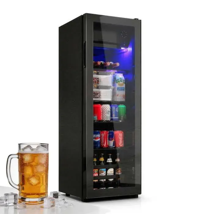 Mini réfrigérateur 128 L noir avec porte vitrée LED bleue compresseur silencieux 43 dB clayettes réglables
