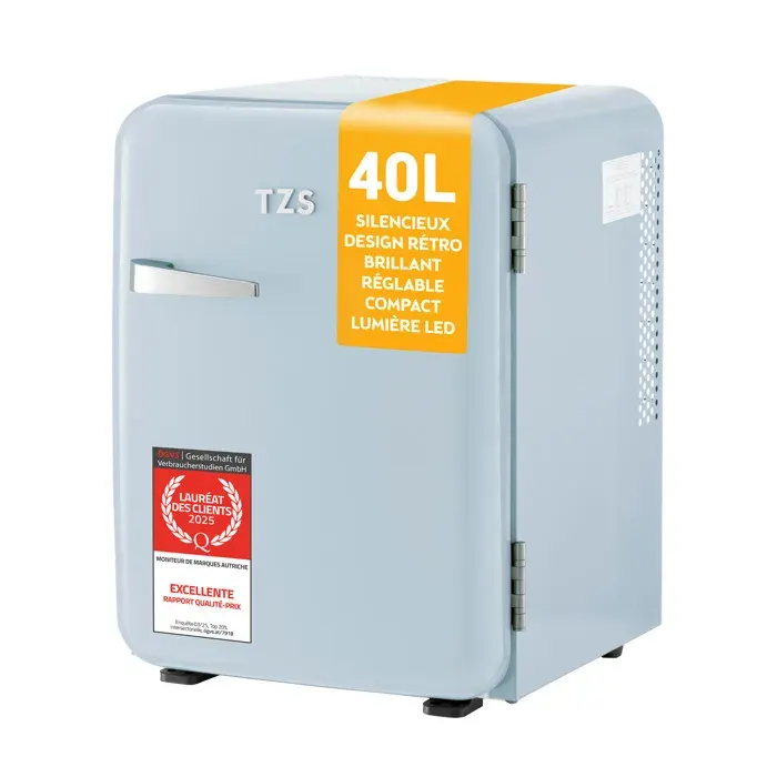 Mini-réfrigérateur 40L totalement silencieux design rétro - 2 compartiments de porte + 6 étagères flexibles - Bleu